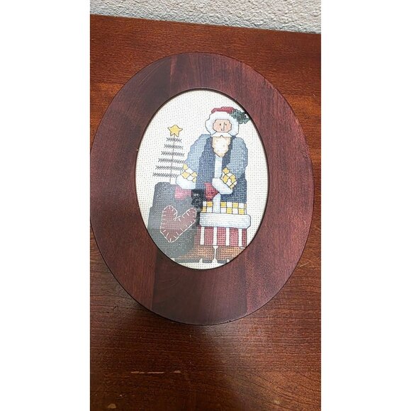 Santa Claus Cross-Stitch In Oval Wooden Frame - Picture 1 of 5